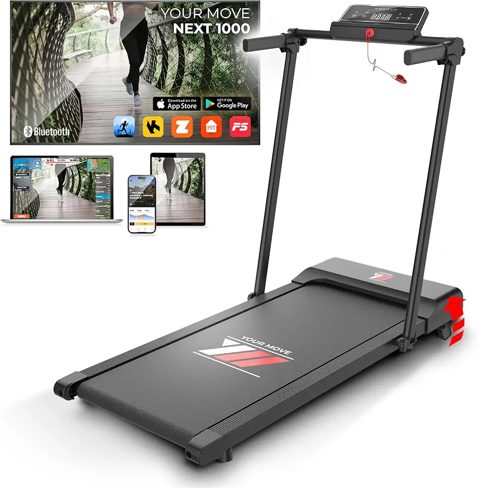YM Tapis Roulant Elettrico Salvaspazio 12 km/h, Tappeto Corsa MAXI 42cm, MARCHIO ITALIANO, Telaio rinforzato, APP Interattive Bluetooth, Pieghevole, 12 Programmi, NEXT 1000 Your Move ASSISTENZA ITALIA