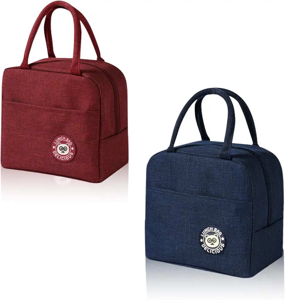 AMONENZ Borse Termiche Porta Pranzo, 2 Pezzi Borse Termica Pranzo, Pieghevole Borse Portapranzo, con Pellicola Isolante, per Ufficio, Campeggio, Viaggio, Bordeaux e Blu Navy