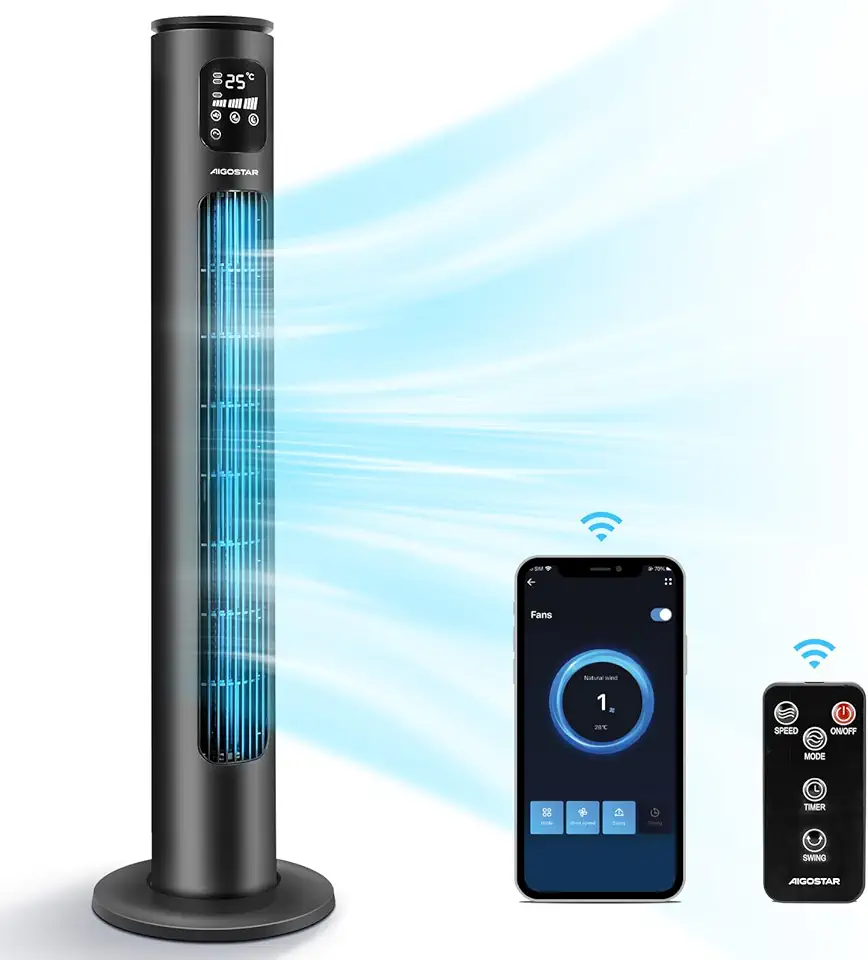 Aigostar Ross Smart - Ventilatore a torre Smart WiFi con telecomando, 50W, display LED, oscillazione 70°, 3 velocità 3 modalità, timer 24 ore, controllo APP, adatto per casa e ufficio