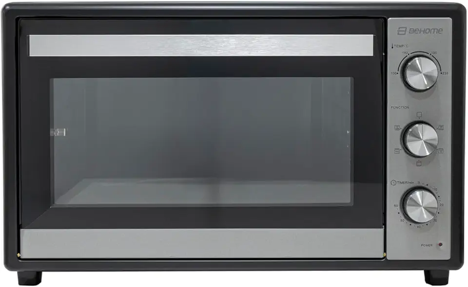 BEHOME Forno Elettrico Ventilato Esterno 70 litri, Forno grande da esterno con Girarrosto, Temperatura 230°, Timer 60', Griglia, Teglia, Leccarda e accessori per girarrosto inclusi, con doppio vetro