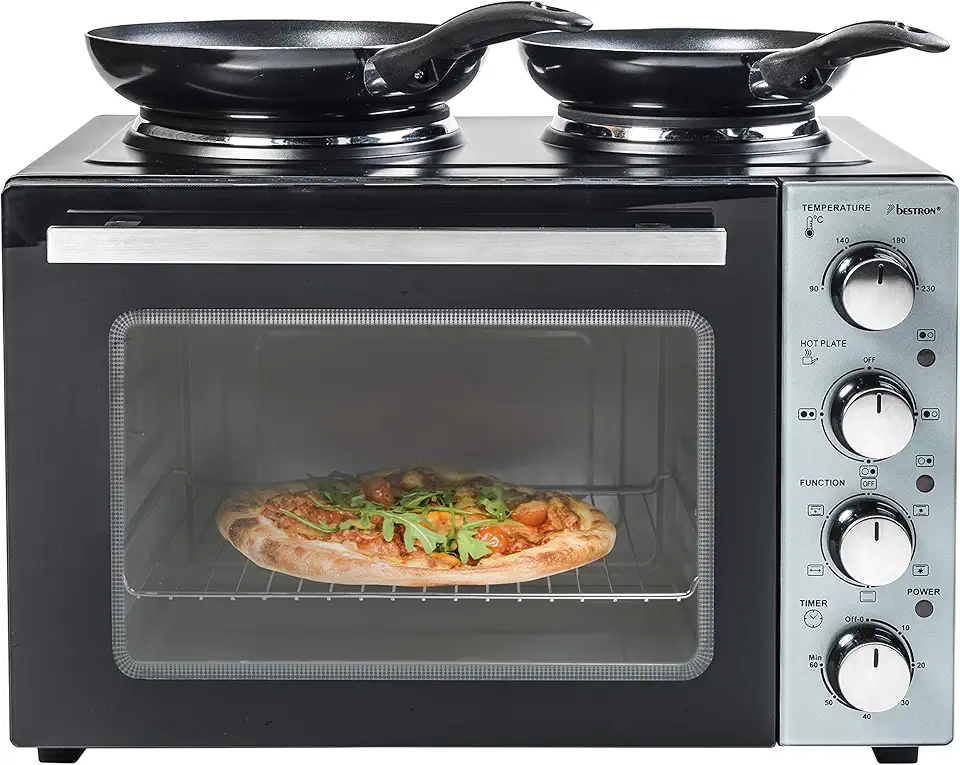 Bestron Cucina compatta con forno e doppia piastra, Crispy & Co, 3200 Watt, Nero