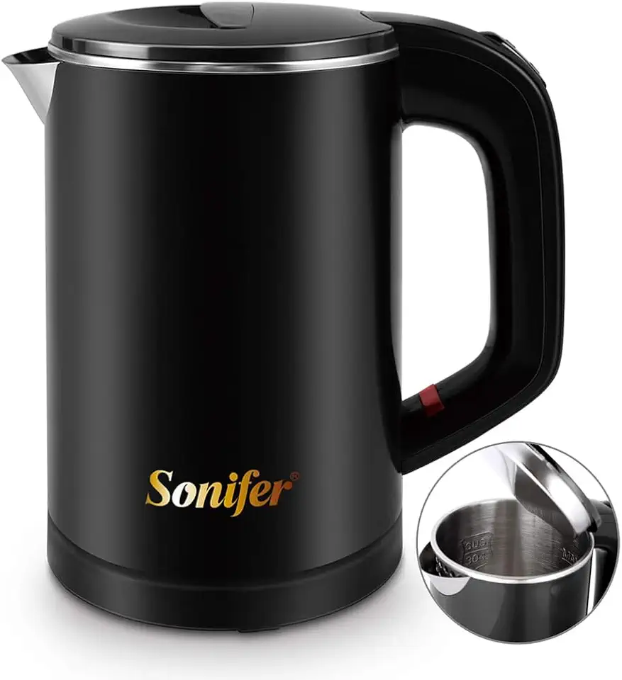 Bollitore da viaggio da 0,6l in acciaio inox da campeggio bollitore design a doppia parete 800W bollitore da tè bollitore da tè evitare scottature riscaldamento silenzioso | risparmio energetico(Nero)