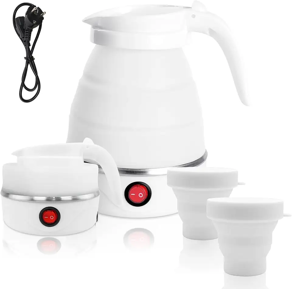 Bollitore pieghevole da 0,6 l, piccolo bollitore da viaggio, pieghevole, in silicone, per campeggio, 5 minuti, per cucina, viaggi, campeggio, attività all'aperto (bianco)