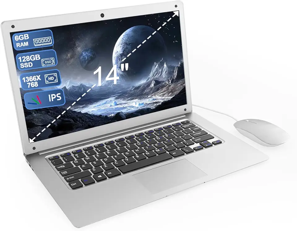 Computer Portatile 14 Pollici 6 GB RAM, 128 GB SSD Celeron Processore Dual Core Portatile PC 1366*768 IPS Laptop PC Wireless WiFi& Bluetooth 4.2 HDMI*1 USB3.0*2 4000mAh Batteria Inclusa Membrana