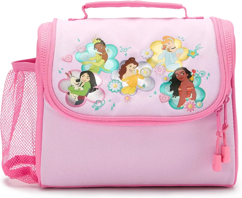 Disney Store Official Borsa Portapranzo Termica Bambini Principesse, con le Principesse Belle, Cenerentola, Tiana, Vaiana e Mulan, inclusa tasca laterale in rete, H 19 x L 23 x P 10 cm