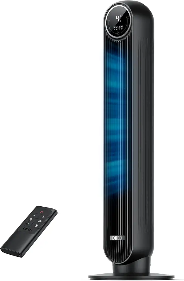 Dreo 28dB Ventilatore a Torre Silenzioso, Potente 7.6 m/s, Ventilatori a Colonna con Telecomando, 4 Modalità, 4 Velocità, Oscillazione a 90°, Timer da 1 a 8 ore, Schermo LED, per la Camera da Letto