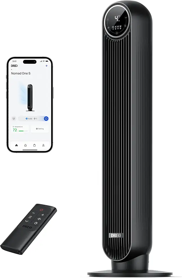 Dreo Ventilatore a Torre Smart Silenzioso, Potente 7.6 m/s, Ventilatori a Colonna con Telecomando, 4 Modalità, 4 Velocità, Oscillazione a 90°, Timer da 1 a 8 ore, Schermo LED, Compatibile con Alexa.