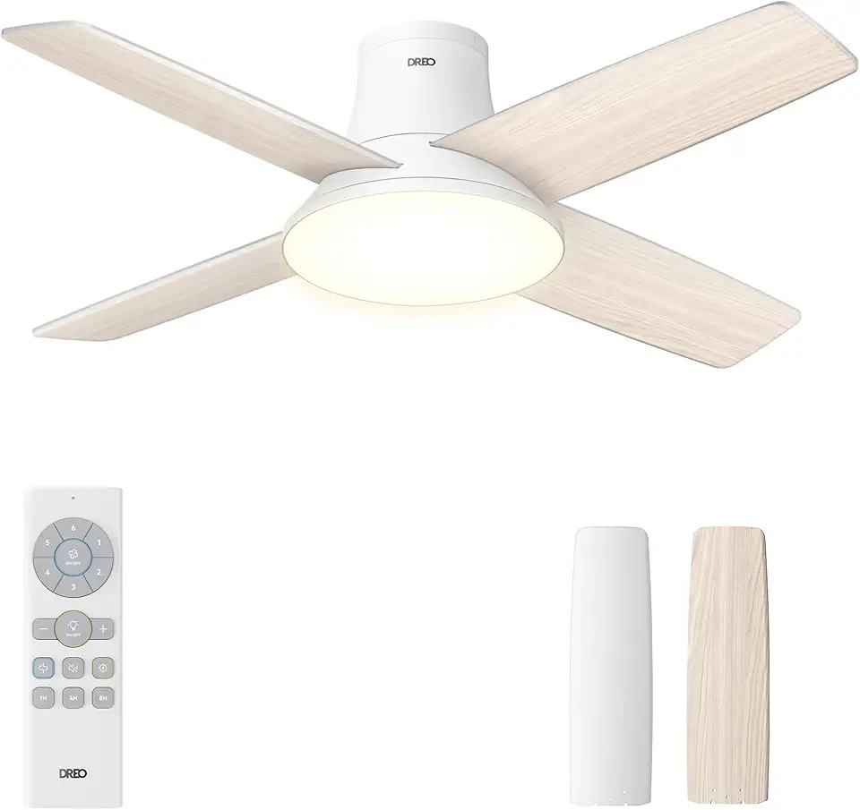 Dreo ventilatore a soffitto silenzioso con luce LED, 112 cm, reversibile, 5CCT, 6 velocità, facile da installare, timer, montaggio a superficie, controllo remoto