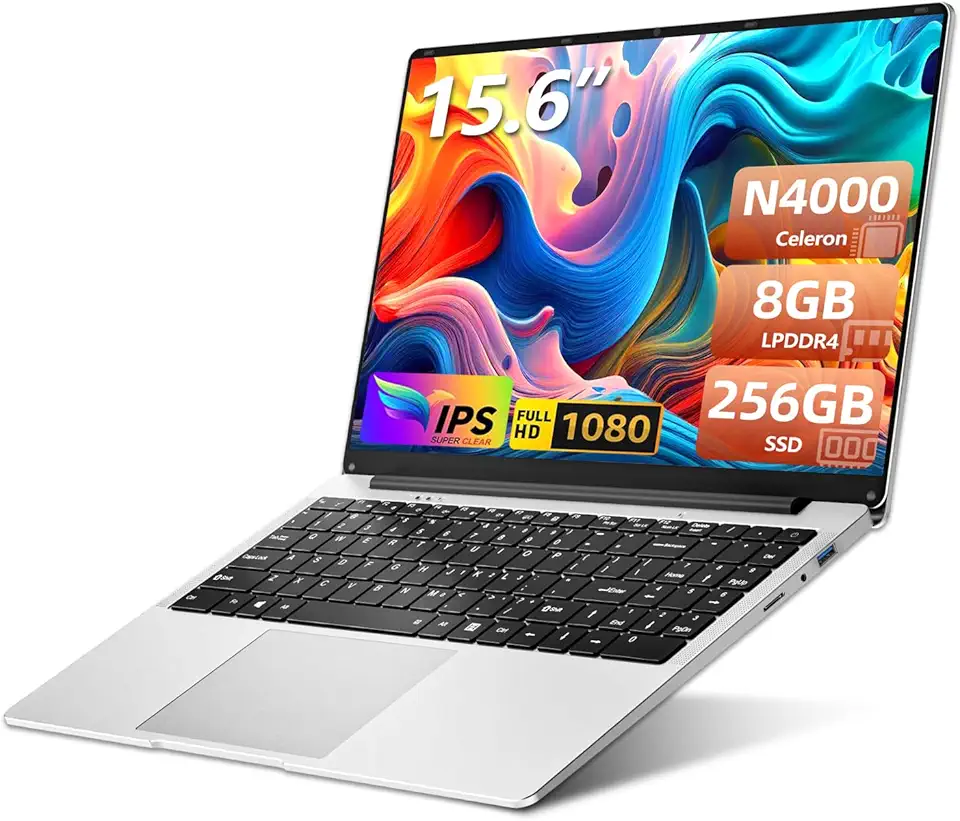 Ekonavi Portatile PC da 15,6 pollici Celeron N4000, Notebook 8 GB RAM LPDDR4 SSD 256 GB FHD 1920 * 1080, Computer Portatile con USB 3.0, WiFi, mini HDMI, BT4.2, Laptop supporta espansione SSD 1 TB