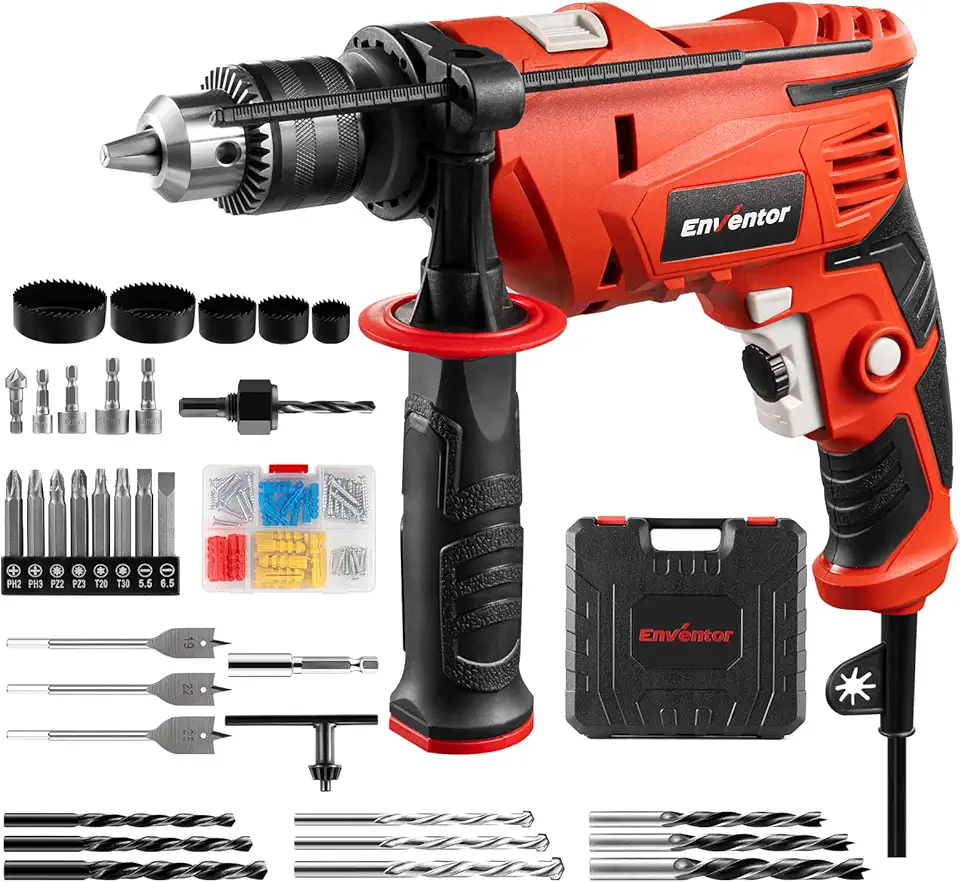 Enventor Trapano a Percussione 900W, Trapano Elettrico a Filo con 37 Accessori, Funzione 2 in 1, 0-3000RPM, Impugnatura Ausiliaria a 360°, Mandrino da 13MM, per Calcestruzzo, Metallo e Legno