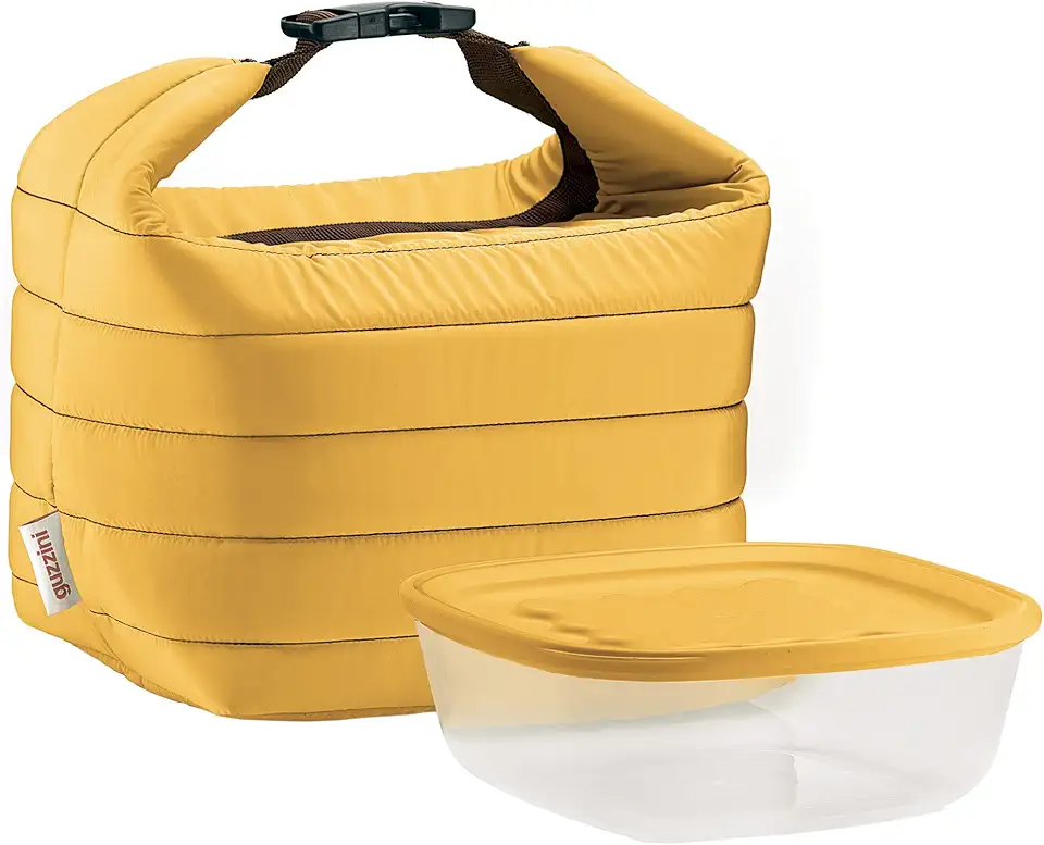 Guzzini Handy - Set Borsa Termica con Contenitore Salvafreschezza On The Go, Ocra, Borsa 22 x 18 x h22 cm, Contenitore 19.6 x 19.6 x h7 cm, 1400 cc