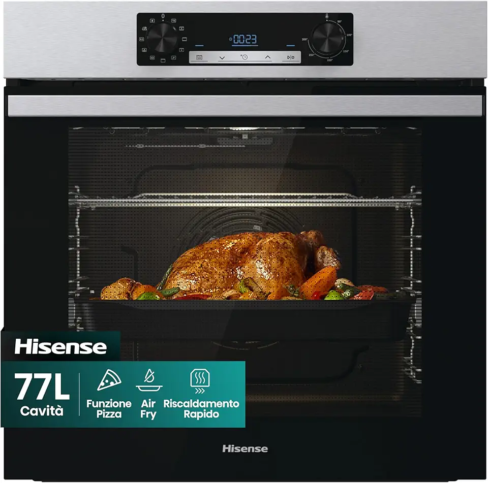 Hisense BI62216AX, Forno Multifunzione ventilato, Cavità XXL 77L, Pulizia Acqua Clean, 11 funzioni di cottura, Funzione pizza 300°C, Display Led, Comandi Touch, Preriscaldamento Rapido