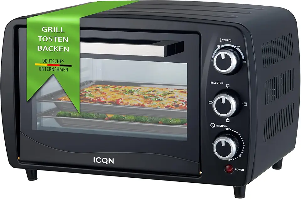 ICQN Mini forno compatto da 15 litri, 1200 W, timer da 60 minuti, 3 funzioni di cottura, 90°-230°C, piccolo forno da campeggio, antracite, 2 anni di garanzia