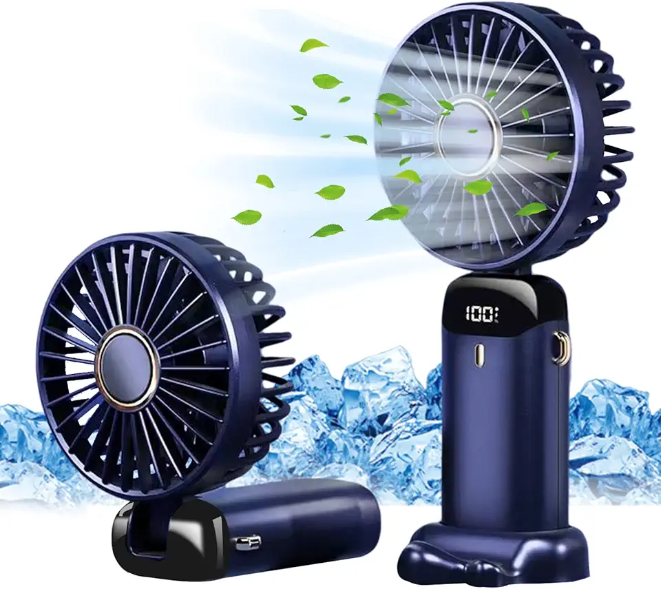 Jsdoin - Mini ventilatore portatile, ricaricabile tramite USB, 5 velocità, a batteria, pieghevole, da scrivania, con display LED, per casa, ufficio, camera da letto, viaggi e all’aperto (Blu Scuro) Carbonfree Certified