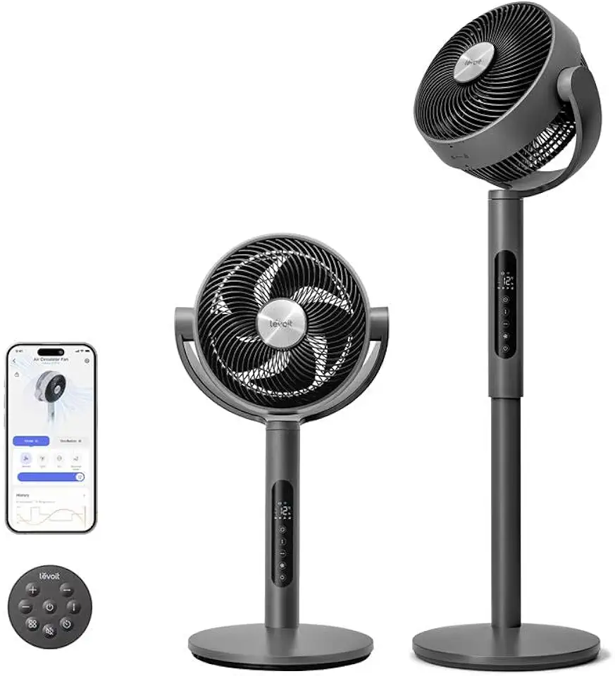 LEVOIT Ventilatore a Piantana 20dB, Ventilatore Smart Silenzioso per Camera da Letto, Ventilatore da Tavolo 2in1, Oscillazione 90°+120°, APP e Alexa, con Telecomando, 12 Velocità, 4 Modalità, Grigio