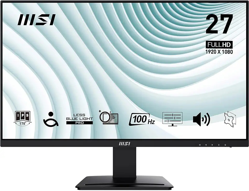 MSI PRO MP273A Monitor 27" FHD, IPS (1920 x 1080), fino a 100 Hz (con HDMI), Schermo Eye-Friendly, VESA 75x75, Altoparlanti integrati, Supporto Display Kit - HDMI 1.4, DP 1.2a, D-Sub