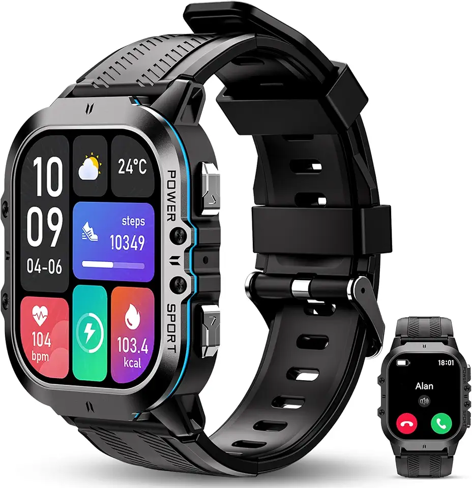 OUKITEL Orologio Smartwatch Uomo Militare Rugged 1.96'', Chiamate Bluetooth, 120+ Modalità Sportive, 5ATM Impermeabile, -40℃~70℃ Resistente, Cardiofrequenzimetro, Sonno, Bussola, Torcia, Android iOS
