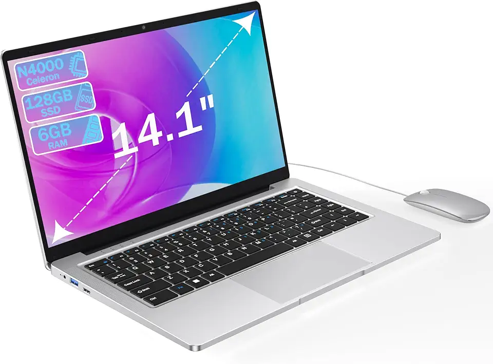 PINSTONE Notebook Portatile 14,1” | Celeron N4000 Dual-Core, 6GB RAM, 128GB SSD, 1366 x 768 UHD, Design Senza Ventola, Wi-Fi & Bluetooth, Mouse Incluso