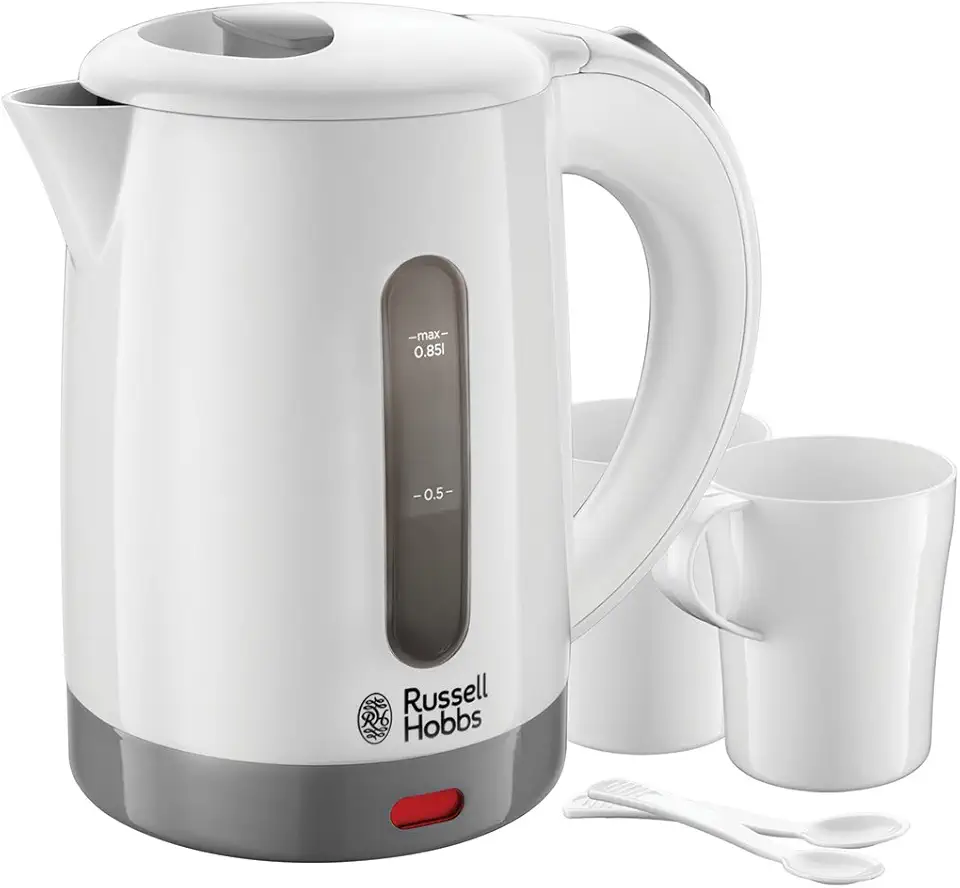 Russell Hobbs Bollitore Elettrico Piccolo - Bollitore da Viaggio da 0,85 L con Regolazione Della Tensione per Tutto Il Mondo - 1000 W; 2 Tazze e 2 Cucchiaini, Beccuccio Ottimizzato, 23840-70
