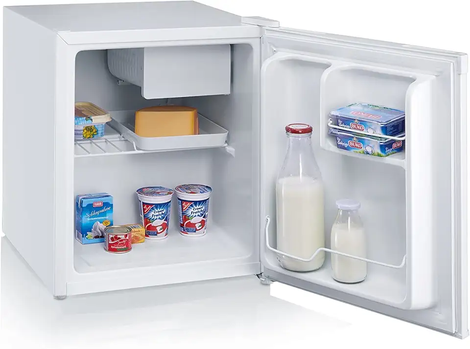 SEVERIN KS 9827 Mini frigo 43 L, Frigorifero compatto portatile estremamente silenzioso Classe F, Frigorifero piccolo largo 44 cm con congelatore da 6 L e portabottiglie, Bianco
