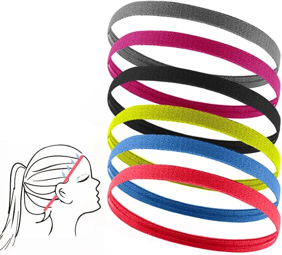 Sport Sottili Fascette Capelli, 6 Pezzi Fascette per Capelli che Assorbono il Sudore, Fascette Capelli Donna, Fascette Capelli Uomo, Fasce per Capelli Adatte per Corsa, Yoga, Danza e Altri Sport