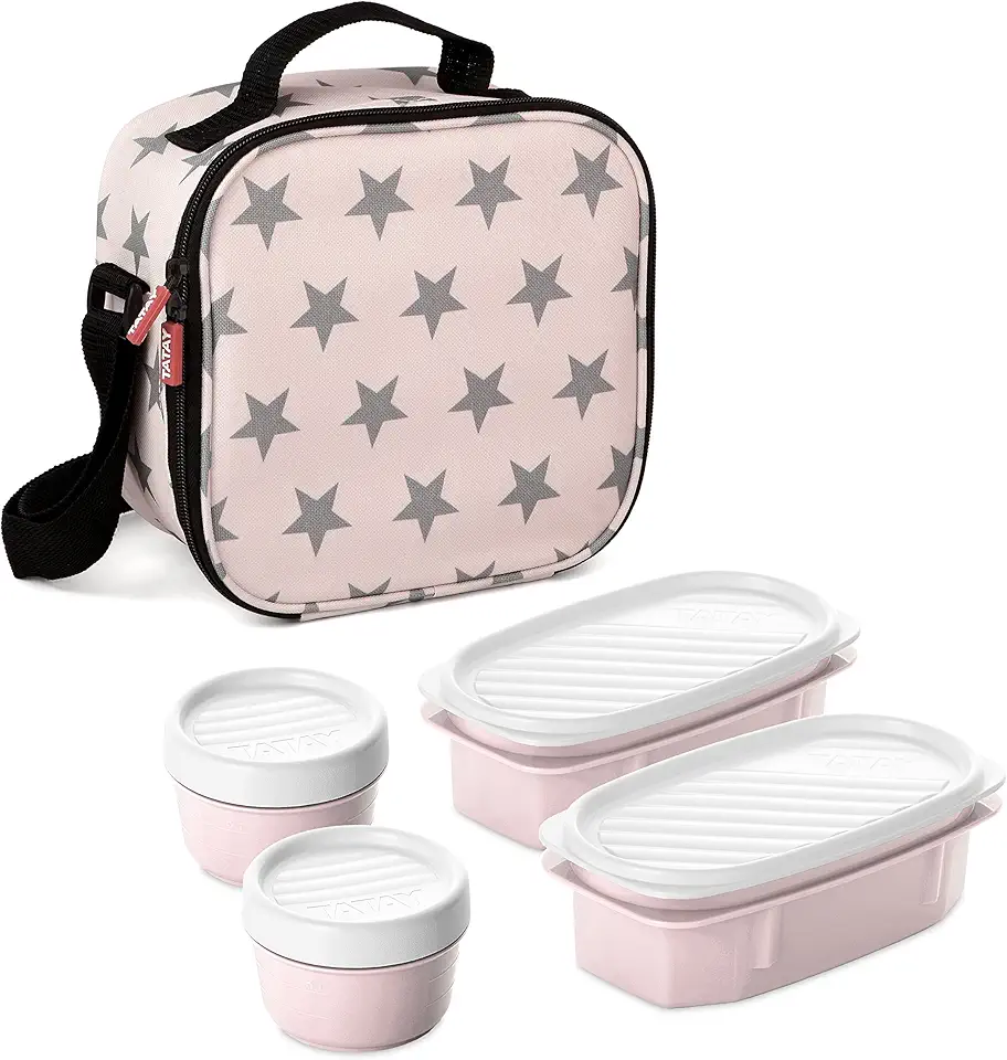 Tatay Urban Food Casual, Borsa Termica Porta Pranzo, 3L Capacità, con 4 Contenitori Alimentari (2 x 0,5 L, 2 x 0,2 L) Senza BPA, rosa con stelle. Misura 22,5 x 10 x 22 cm