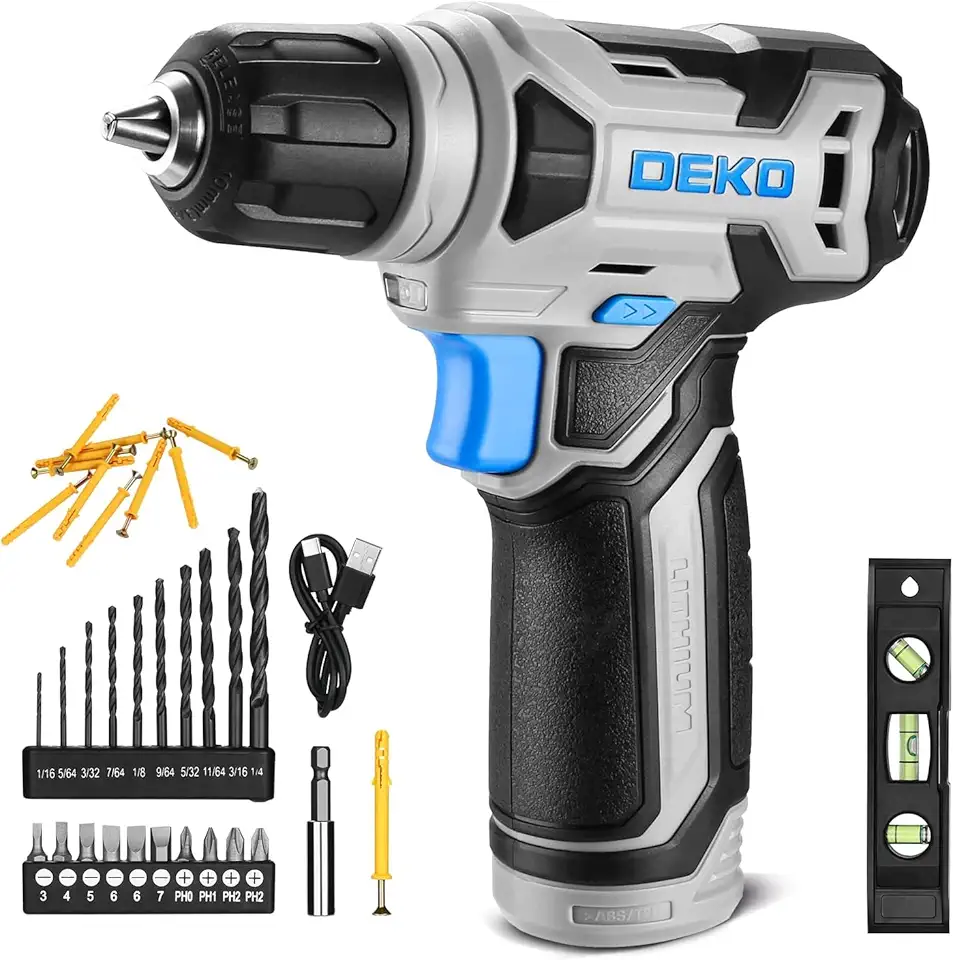 Trapano Avvitatore Batteria 42 accessori - DEKO PRO Trapano Avvitatore Blu con 10 mm Mandrino,Luce LED,Cavo di Ricarica Tipo C,8 V Trapano Elettrico per Forare e Serrare/Allentare Viti