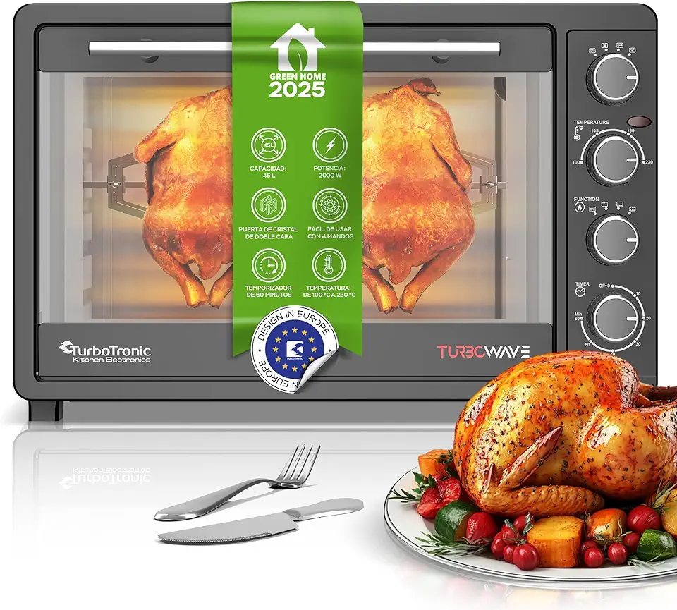 TurboTronic Forno Elettrico Compatto 45L – 2000W, Ventilazione e Spiedo, Doppio Vetro, Temperatura Regolabile, Incluso 2 Teglie e Griglia, Ideale per Pizza, Camping e Piccoli Spazi