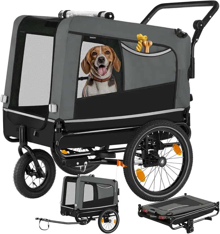 tectake® Rimorchio Velo Cane 3 in 1, Pieghevole con Riflettori, Bandiera, Rimorchi Bici per Cani Anche come Passeggino per Cane Animali da Compagnia di Taglia Media, Carico Massimo 40 kg - Grigio