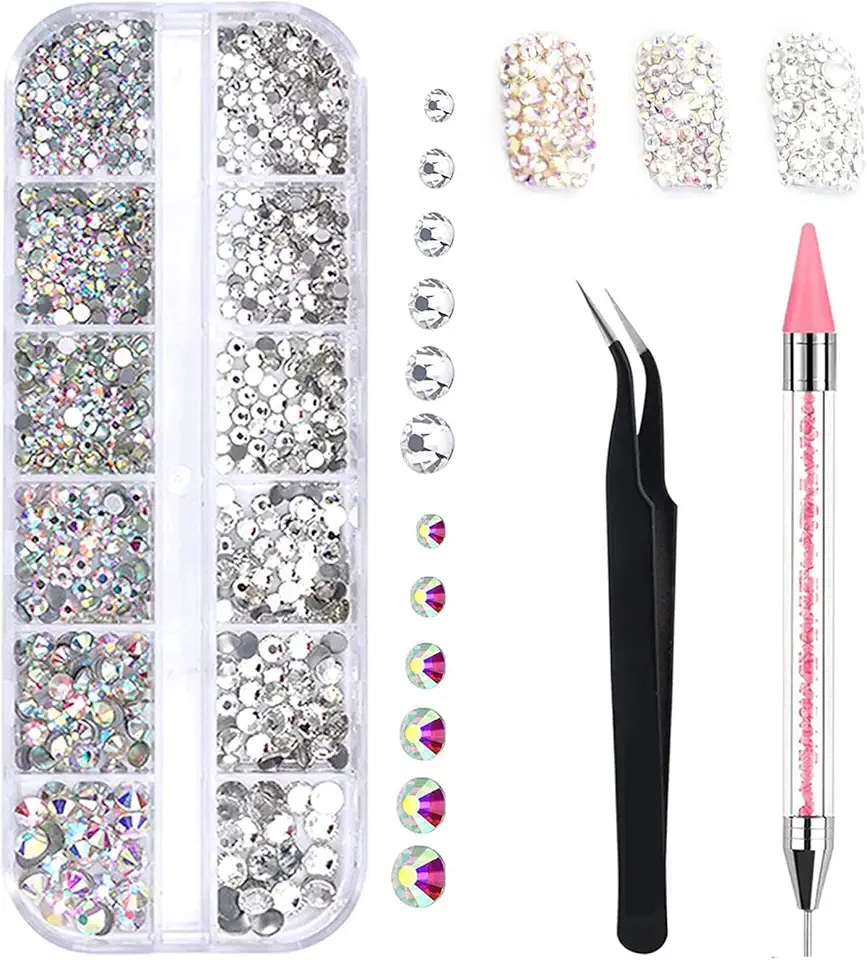1500 Pezzi Strass,Strass in Cristallo per Nail Art,Strass Unghie,6 misure di gemme piatte,con pinzetta e penna per punteggiatura di strass,Per Nail Art Professional