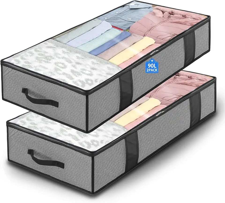 2 Pezzi Contenitori Sottoletto 90L - Scatole per Letto Contenitore - Scatole Sottoletto - Confezione Contenitore Sottoletto Pieghevole - con Cerniera e Maniglie - per Vestiti, Trapunte, Coperte