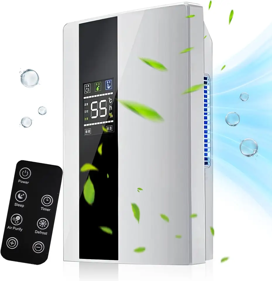 2.2L Deumidificatore D Aria E Purificatore D'Aria 2 In 1, Portatile Silenzioso Deumidificatore Con Telecomando, Schermata LED, 24 ore Timer, Modalità Sonno & DeGbraggio, Spegnimento Automatico, Per