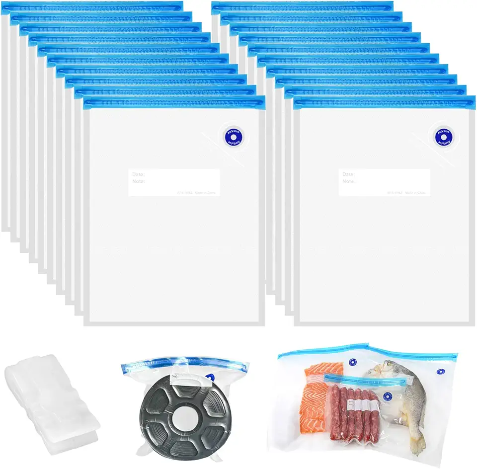 20 Pezzi Sacchetti Freezer Riutilizzabili 30 x 34 cm con Valvola, Cerniera e 2 Clip di Chiusura Sacchetti Riutilizzabili Senza BPA Per la Conservazione Degli Alimenti, Cottura Sottovuoto e Viaggio