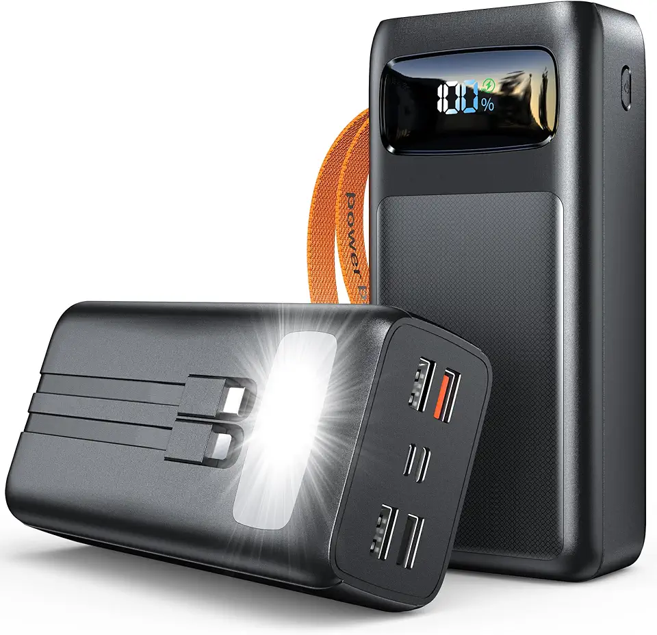 50000mAh Power Bank 30W con Cavi Integrati,Batteria Esterna ad Alta Capacità, Ricarica Rapida USB‑C 7 Uscite, Torcia LED e Display Digitale, Perfetta per Viaggi Campeggio e Outdoor