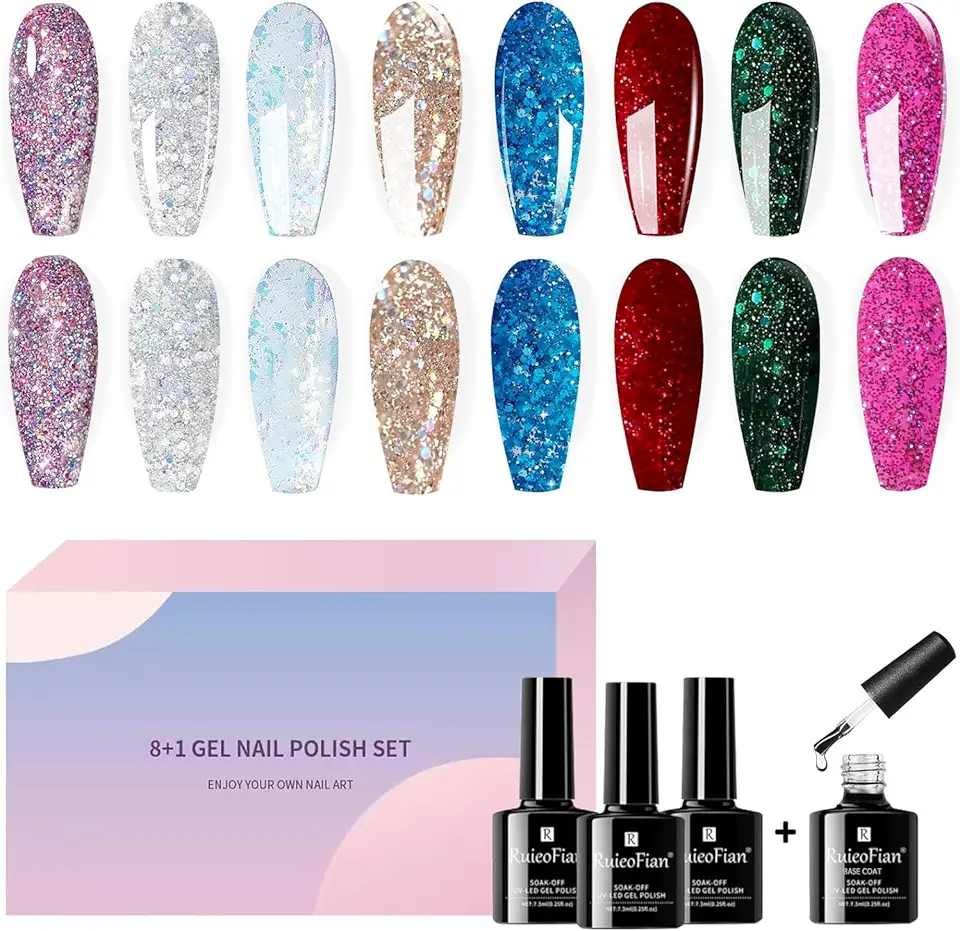 8 Colori Semipermanente Unghie Brillantini Smalto Smalti Semipermanente Unghie Gel uv Led Passione Colorati Set Glitter Professionali Nail Polish Effetto Kit Senza Lampada Shining + Base Coat
