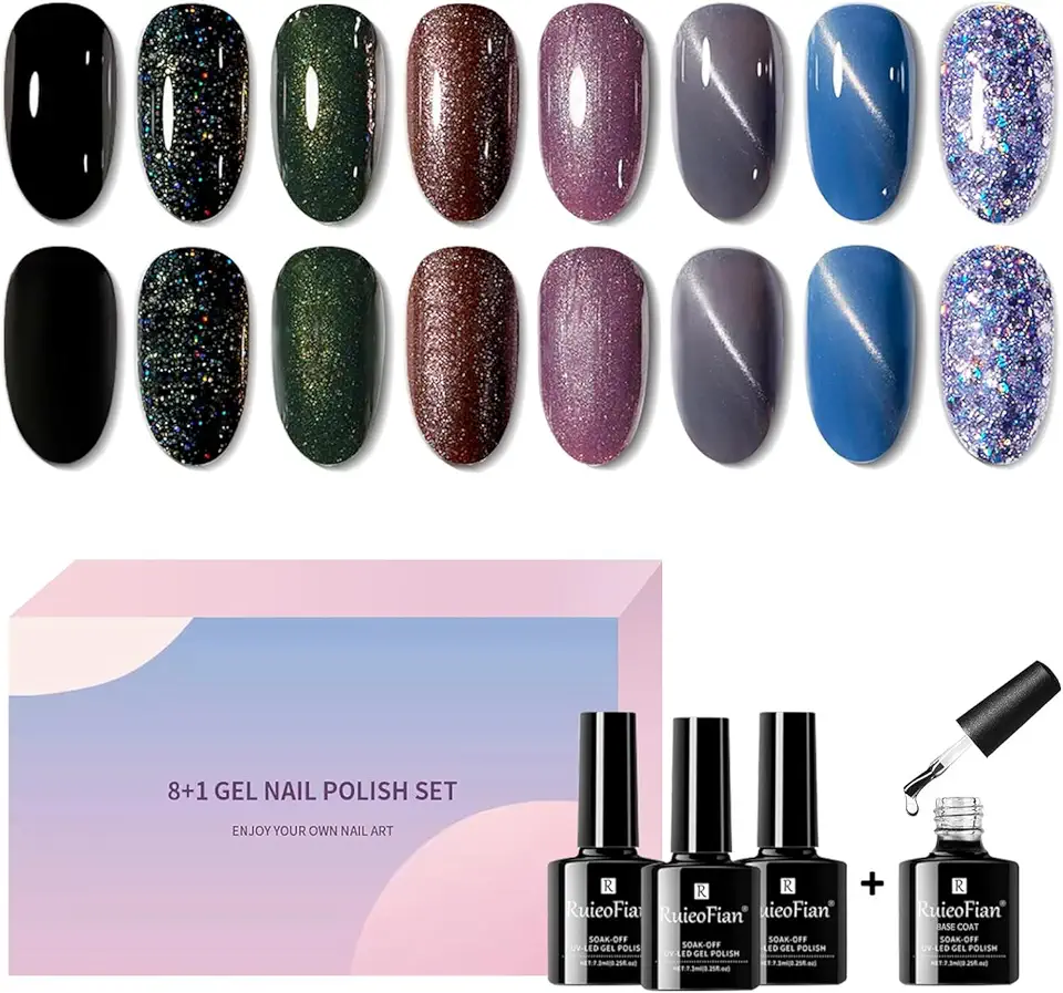 8 Semipermanente Unghie Colori Nero Smalto Unghie Smalti Gel UV LED Passione Colorati Nero Set Professionali Nail Polish Effetto Kit Marrone Opaco Senza Lampada + Primer Shining Autunno Invernali