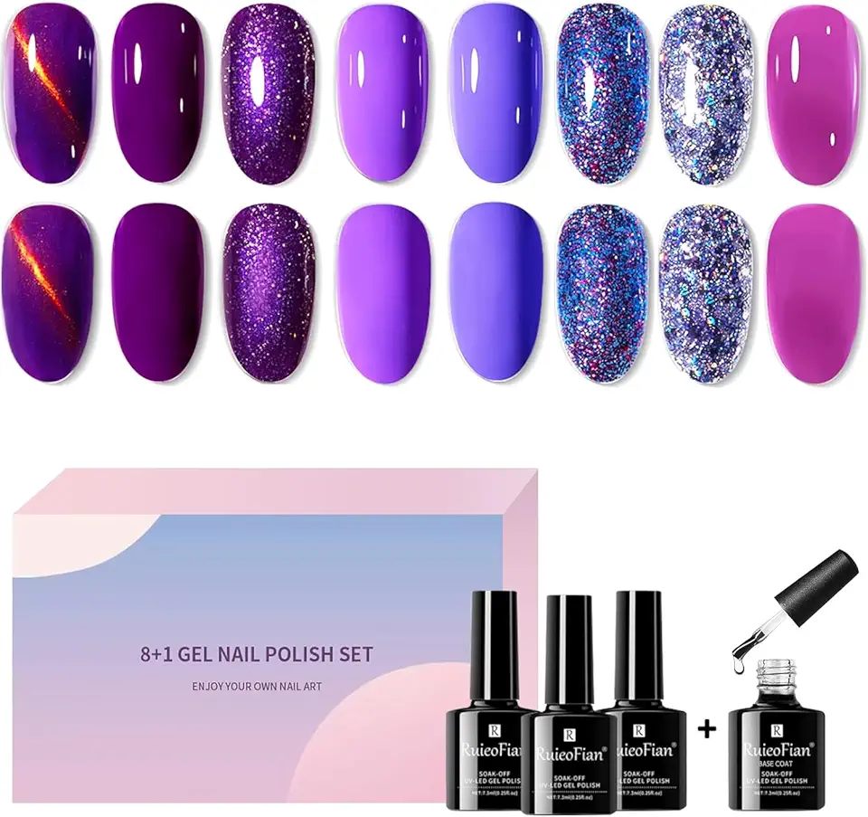 8 Smalto Gel Unghie Uv Fucsia Smalti Semipermanenti per Unghie Colori uv Led Passione Colorati Set Professionali Nail Polish Effetto Kit Lilla Viola Senza Lampada Fucsia Autunno + Base Coat Shining
