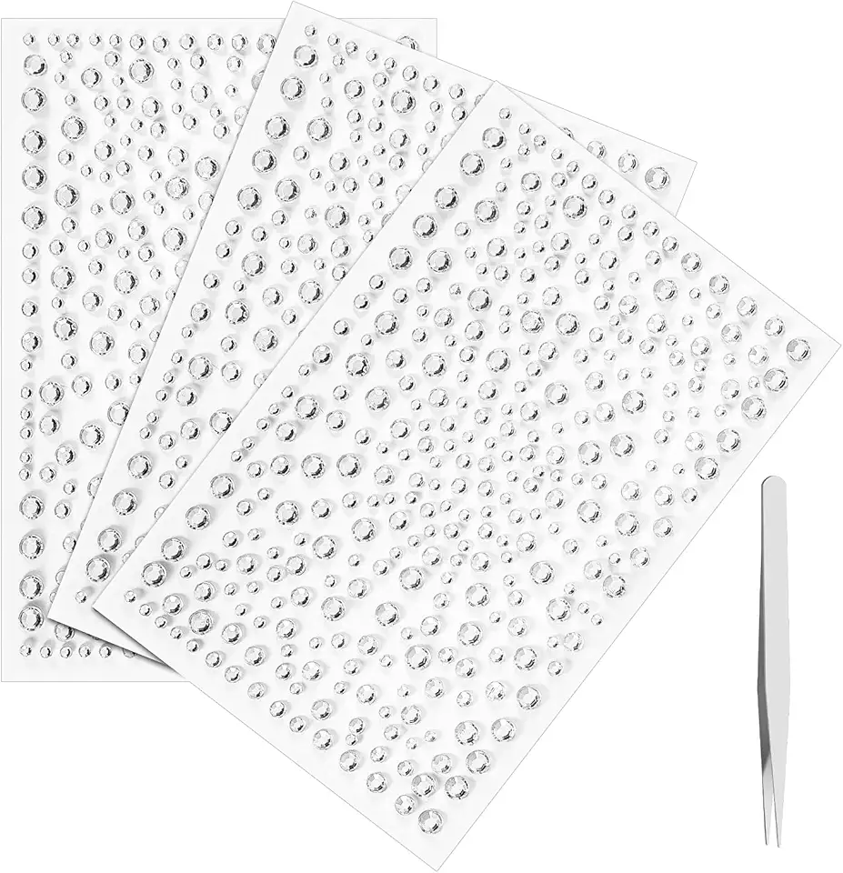 ADAKEL 975 Pezzi Strass Adesivi,3 Fogli Brillantini Make Up Autoadesivo Glitter Brillantini Viso con Pinzette Strass Adesivo Fai Da Te Nail Art Bellezza Decorazione Telefono Cornice(975)