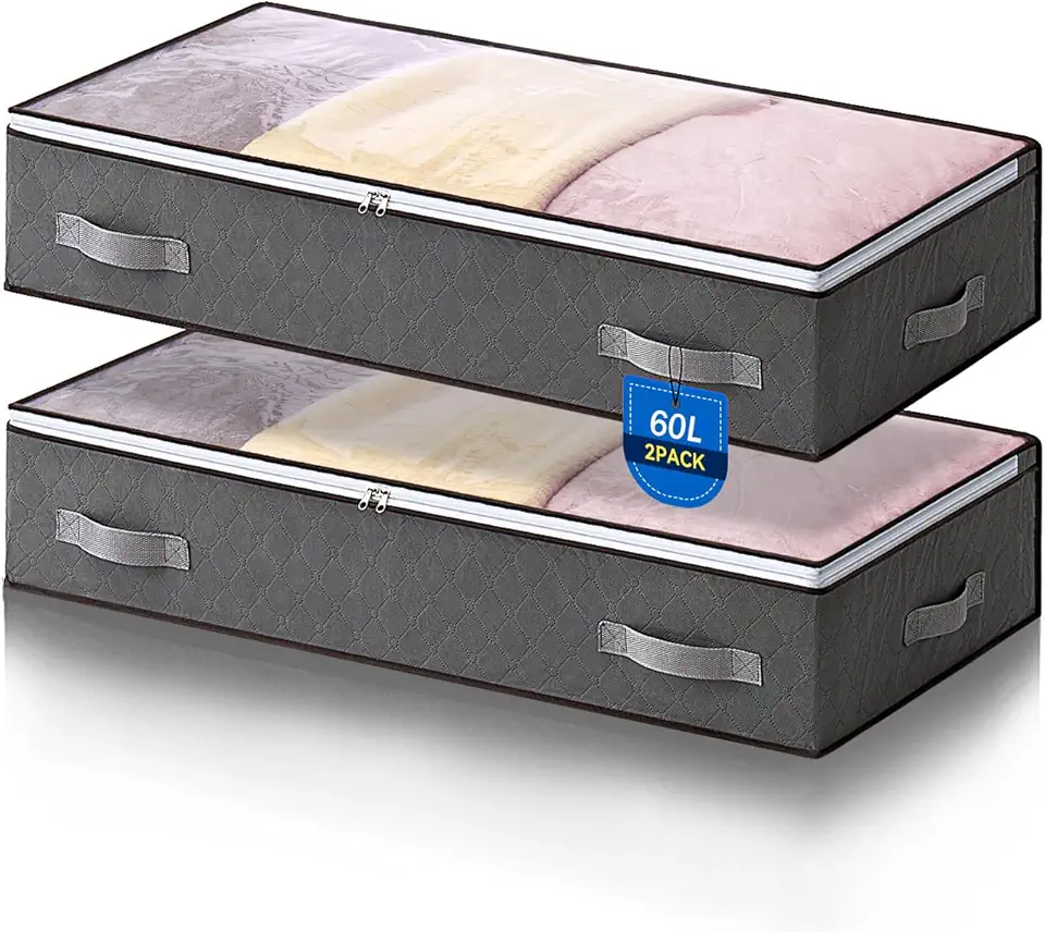 AIOR 2 Pezzi 60L Contenitori Sottoletto Organizzatore letto, Salvaspazio Contenitore Sottoletto Pieghevole con Finestra Trasparente, Organizer per Piumoni, Lenzuola, Vestiti, 80x50x15cm