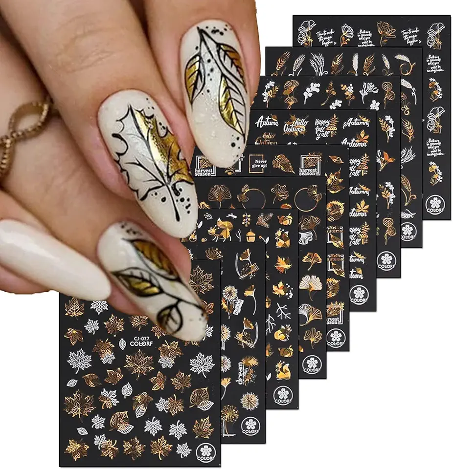 Adesivi per unghie con foglie autunnali, 9 fogli, autoadesivi, per nail art, decorazione per unghie, accessori per nail art