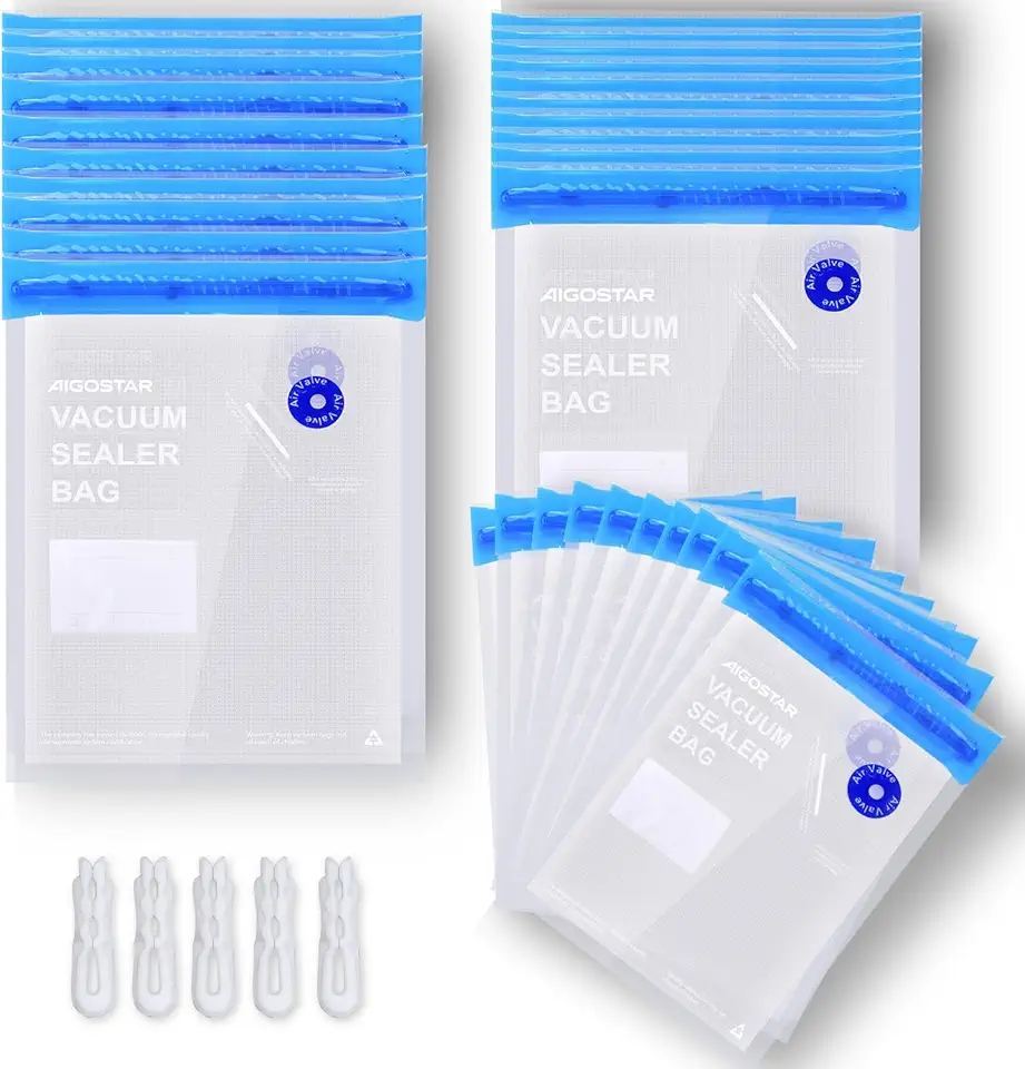Aigostar 30 sacchetti sottovuoto riutilizzabile con cerniera. BPA FREE per uso alimentare. Adatti per la cottura “SOUS VIDE”. 3 Dimensione (S-M-L): 10pz (16x22cm), 10pz (21x22cm), 10pz (20x25cm)
