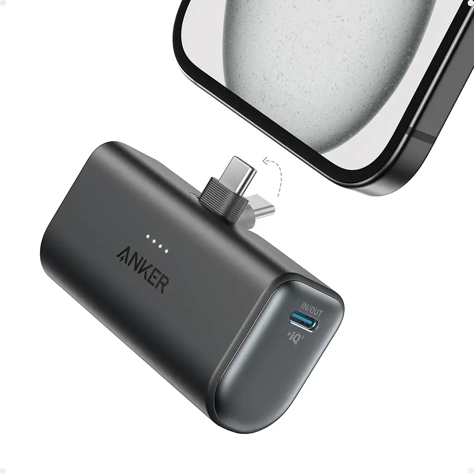 Anker Nano Power Bank Ricarica Rapida, 5000 mAh, 22,5 W, Connettore USB-C Pieghevole Integrato, Compatibile con iPhone 16, serie Samsung S22/23, serie Note20/10, Huawei, iPad e molto altro (Nero) ECOLOGO