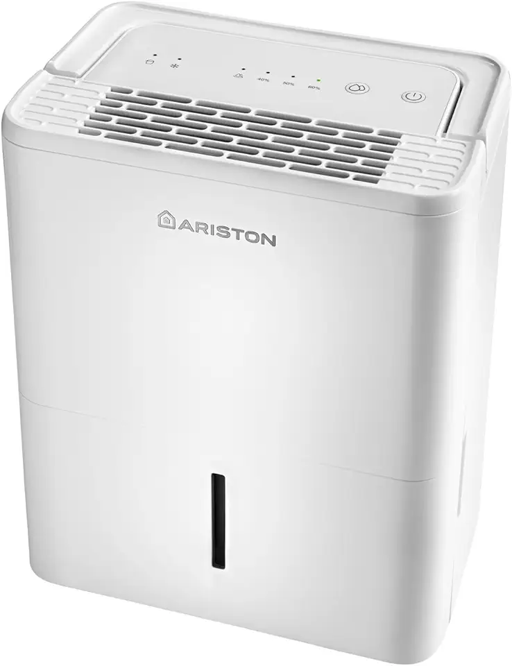 Ariston DEOS 12 - Deumidificatore Casa Muffa Portatile 12L/24h Piccolo e Silenzioso Assorbi Umidità, Deumidificatore Bagno e Ambienti Fino 35mq 36x25,3x44, Funzione Asciugatura e Consumo Massimo 250w