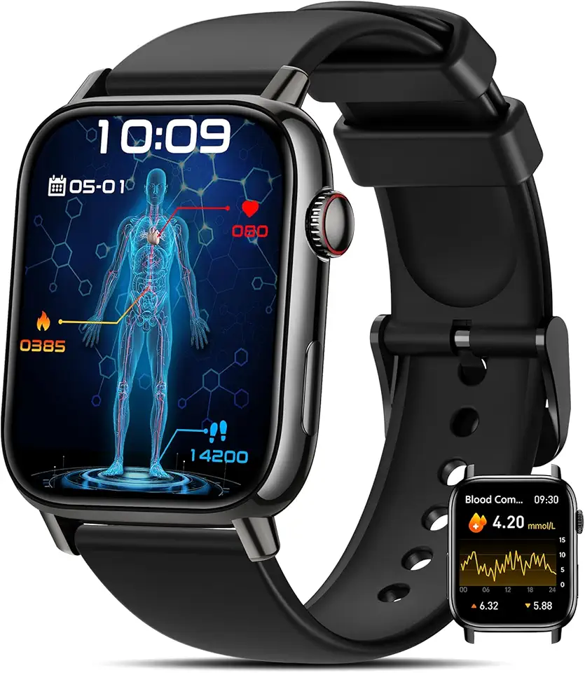 BANLVS Smartwatch Uomo con 𝐆𝐥𝐢𝐜𝐞𝐦𝐢𝐚/𝐇𝐑𝐕/𝐄𝐂𝐆, 1,83" Orologio Fitness con Chiamate, 24H Cardiofrequenzimetro SpO2, Sonno, 150+ Sport, Notifiche Messaggi, IP68 Android iOS Nero