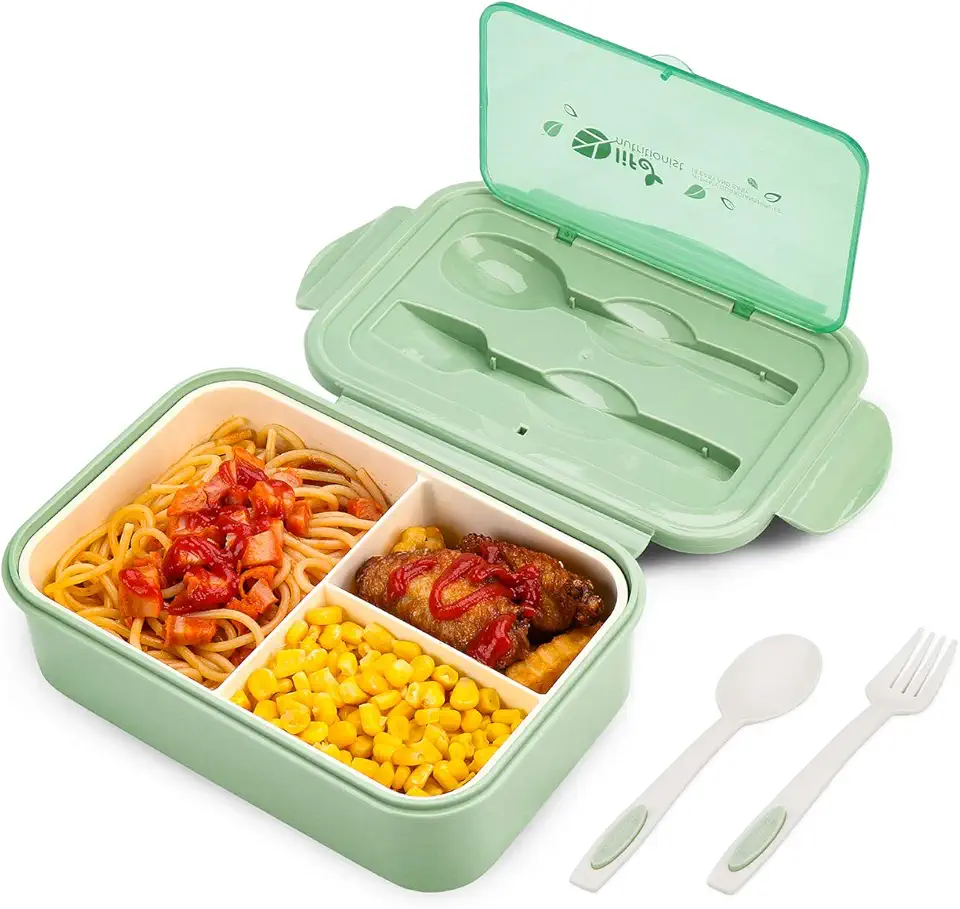 BIBURY Porta Pranzo, Lunch Box Prova di Perdite per Bambini e Adulti, Bento Box con 3 Scomparti e Posate(Forchetta e Cucchiaio), Portapranzo, Sicuri per Microonde e Lavastoviglie - Verde