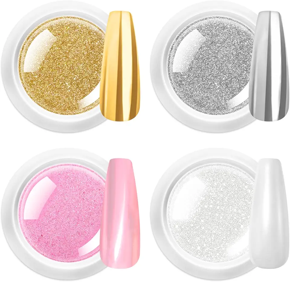 BISHENGYF Polvere Unghie Effetto Perla - 4Pcs Effetto Specchio Argento Oro Metallizzato Polvere Unghie, Bianco Perla Glitter Per Unghie Kit Di Polvere Iridescente Rosa Sirena, Decor Per Nail Art ongle