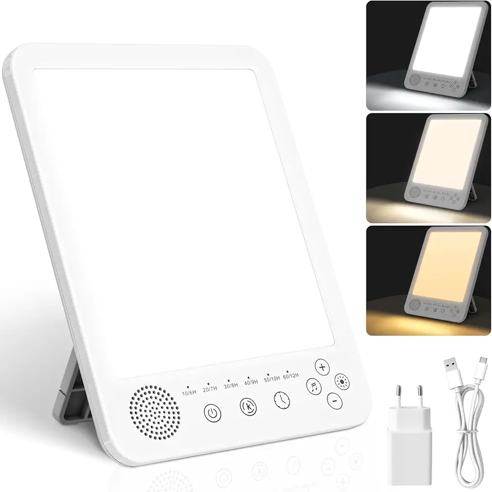 BOOTEEK Lampada per Terapia della Luce, 10000 Lux UV-Free Lampada di Luce Diurna con 13Rumore Bianco, 3Temperature di Colore, 6 Timer e 5 Livelli di Luminosità, Funzione di Memoria, Supporto Pieghevol