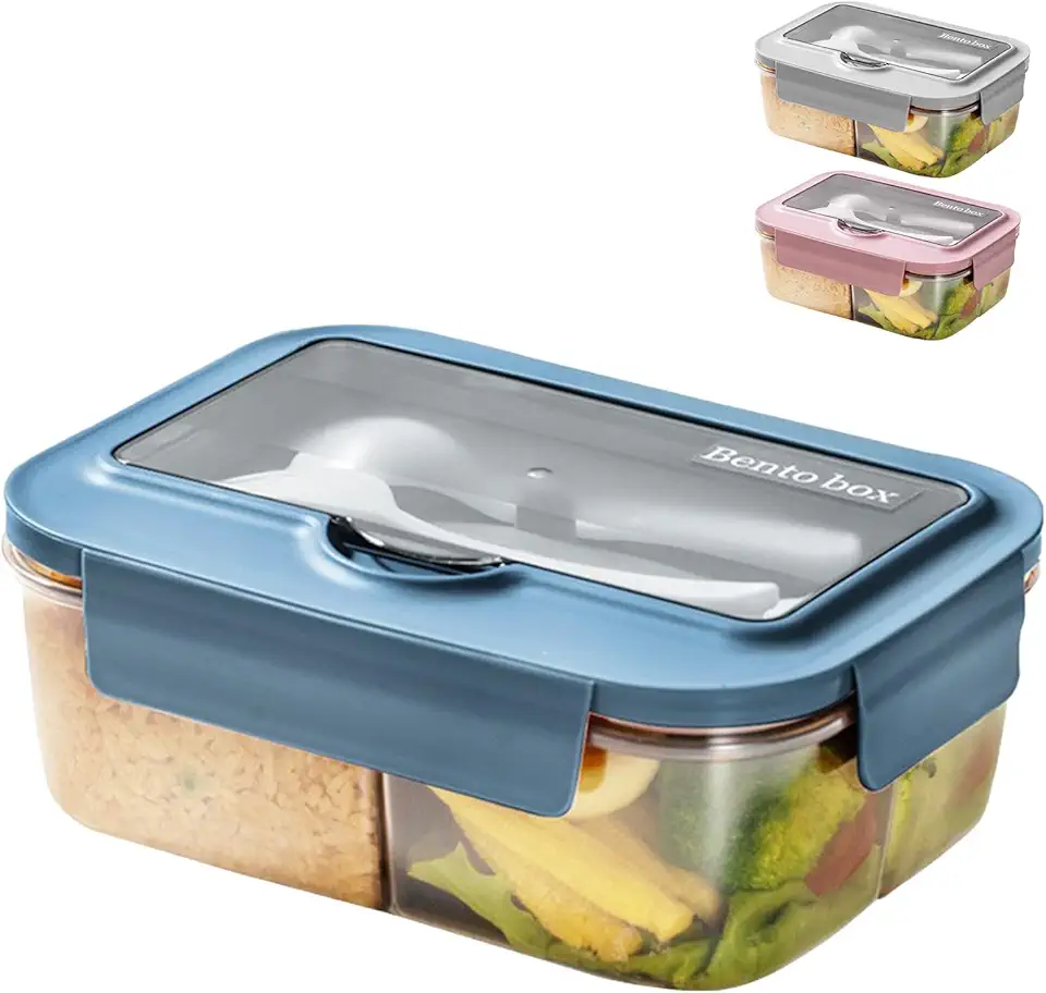 BRYN 1400ml Porta Pranzo Ermetico, Lunch Box Microonde, Portapranzo con 3 Scomparti e Posate, Bento Box per Picnic, Campeggio, Fitness, Scuola, Uffici （Blu）