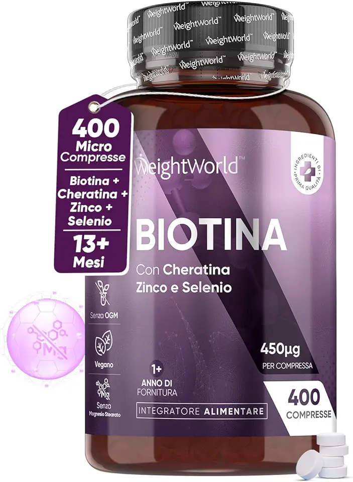 Biotina Capelli + Cheratina + Selenio + Zinco 400 Micro-Compresse (13+ Mesi) Vitamina B7 per Pelle, Unghie, Capelli, Biotina Integratore Alto Dosaggio + Zinco Selenio Cheratina Senza Magnesio Stearato