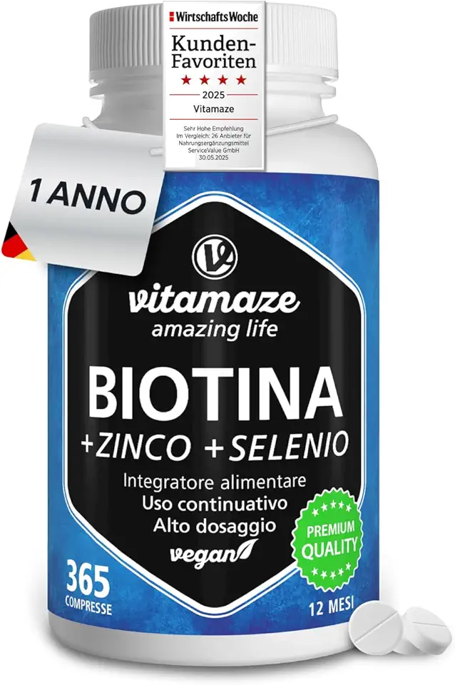 Biotina Capelli, Pelle e Unghie Sani, 365 Compresse (1 Anno), Selenio, Zinco, Vitamina B7, Integratori per Capelli, Qualità Tedesca, Vitamaze®